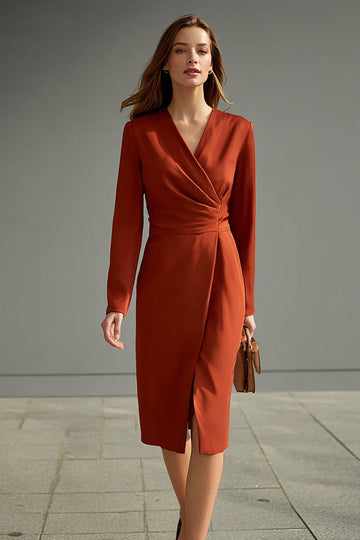 Red V-Neck Sheath Ruched Long Sleeve Work Dress